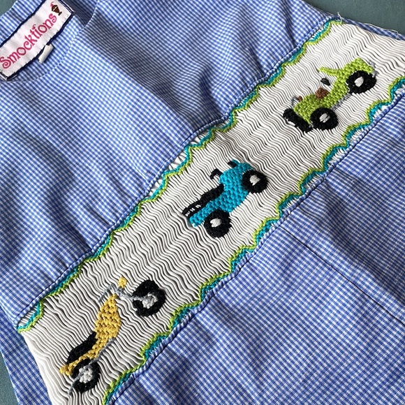 Smocktions Boys romper size 2T motorcycle ATV jeep smocked blue gingham Kids - Picture 5 of 7